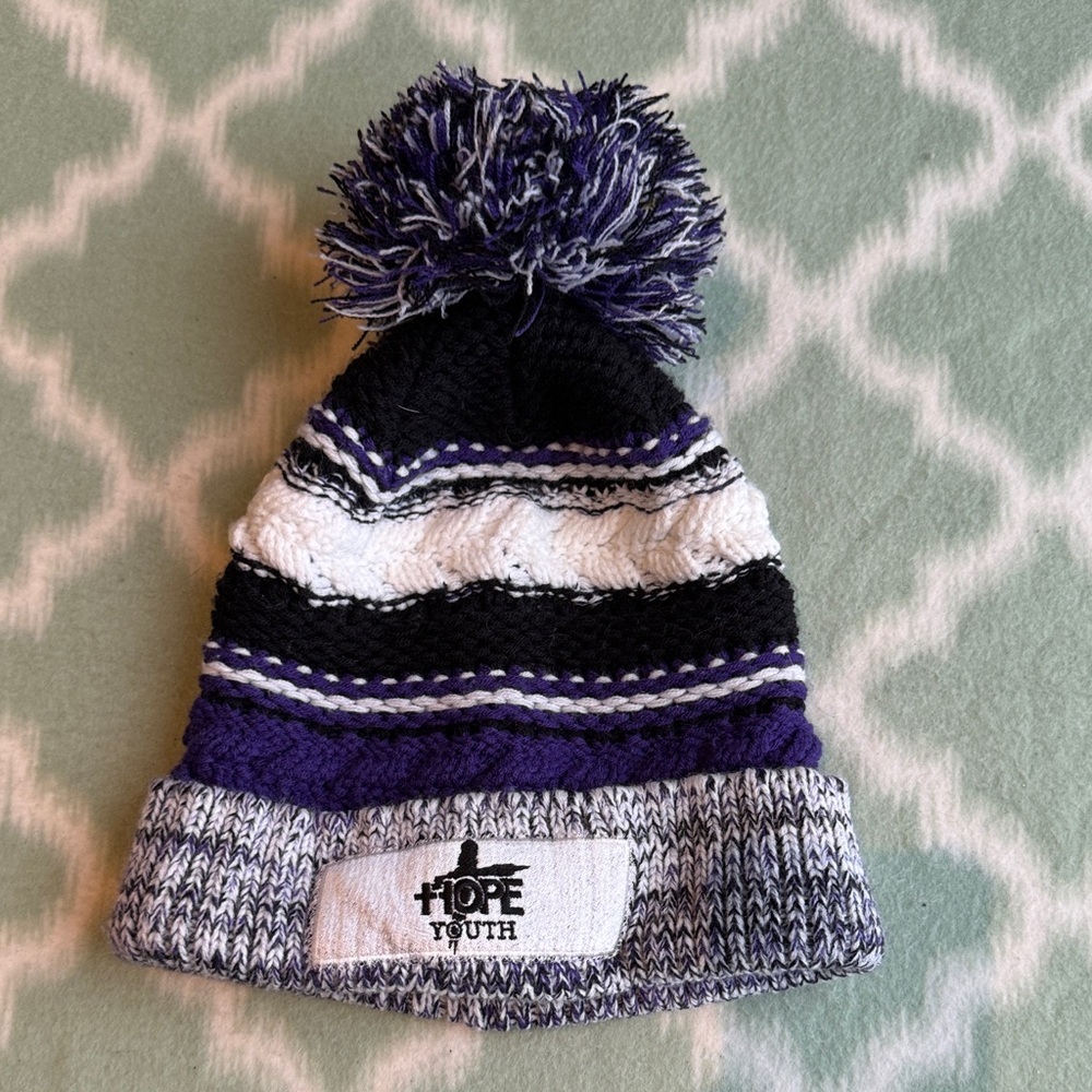 NWOT Sport Tek Purple black chunky knit beanie with pompom